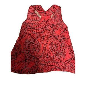 Woven orange Red black leaf print flared top, racer back, size small, made of...